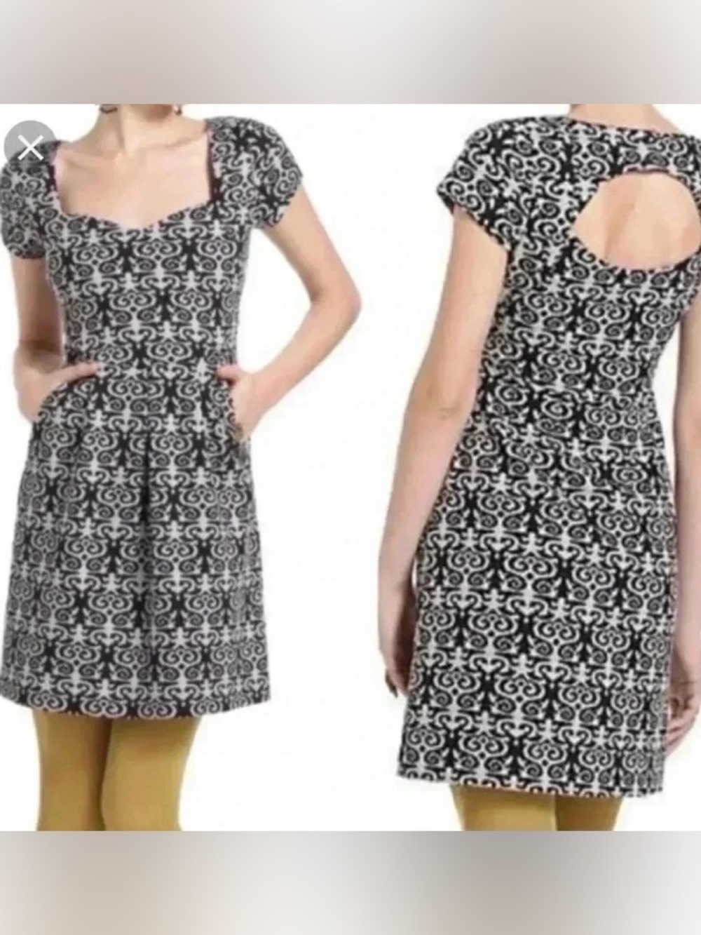 Anthropologie Deletta Dress Women’s S Black White Damask Keyhole Back Pocket